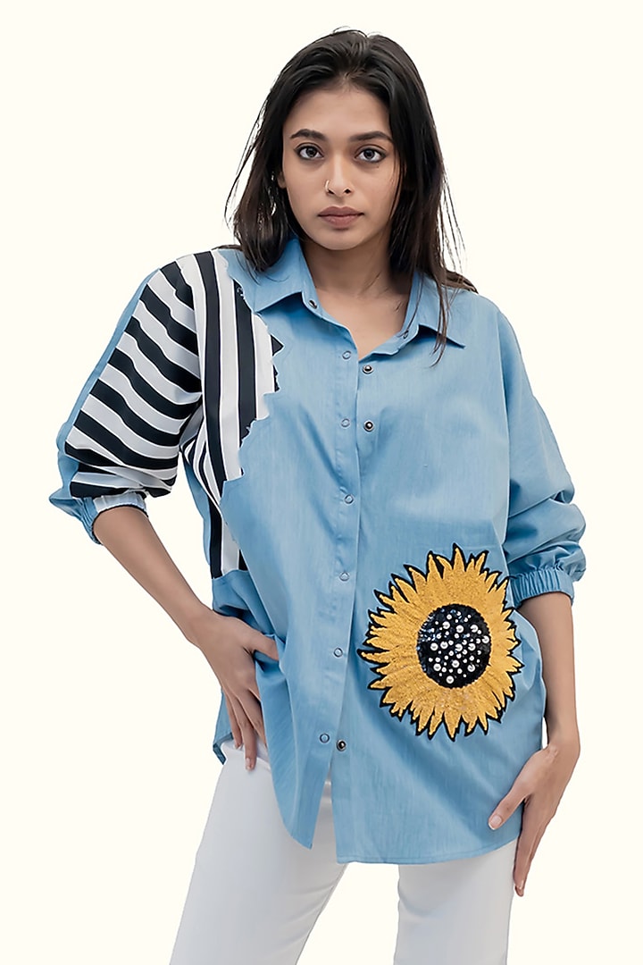 Ice Blue Denim Sequin Embroidered Striped Shirt by Richaa Goenka at Pernia's Pop Up Shop