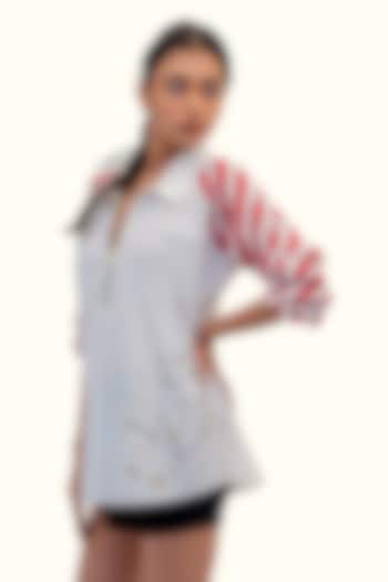 White Cotton Embroidered Striped Shirt by Richaa Goenka at Pernia's Pop Up Shop