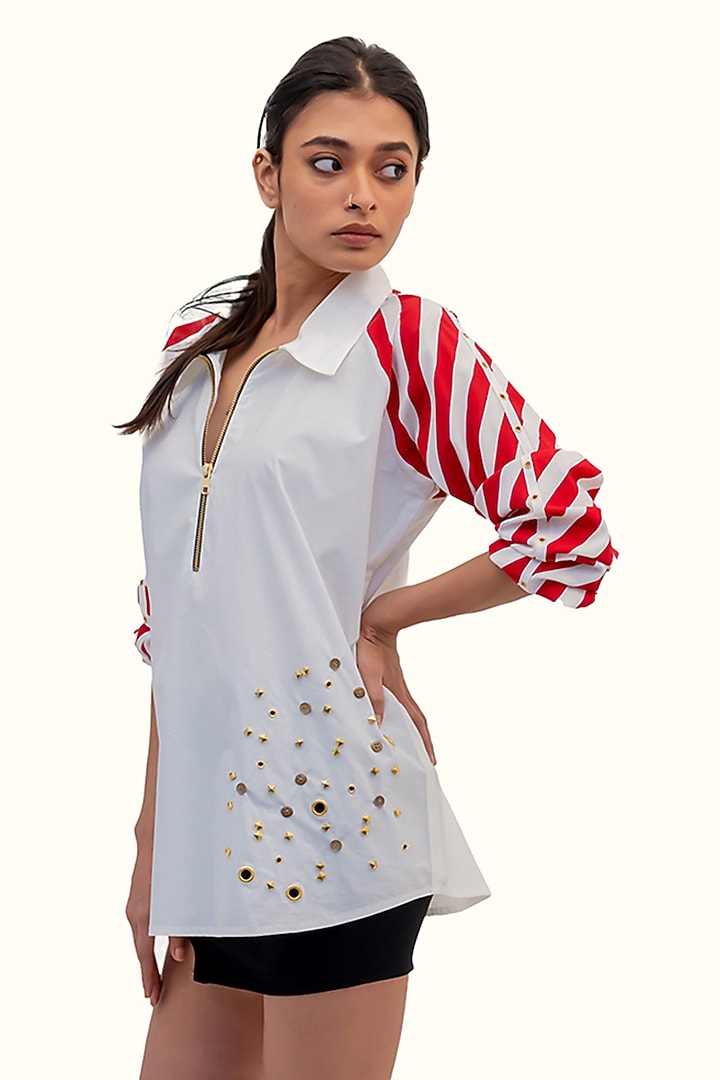 White Cotton Embroidered Striped Shirt by Richaa Goenka at Pernia's Pop Up Shop