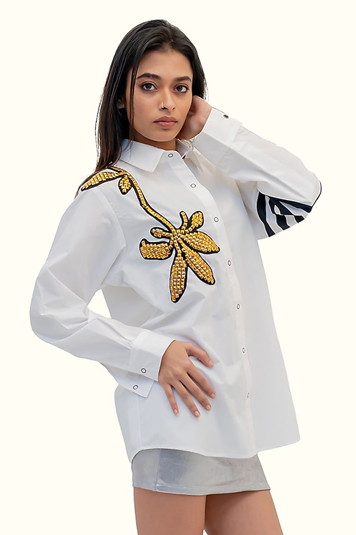 White Cotton Floral Embroidered Striped Shirt by Richaa Goenka at Pernia's Pop Up Shop