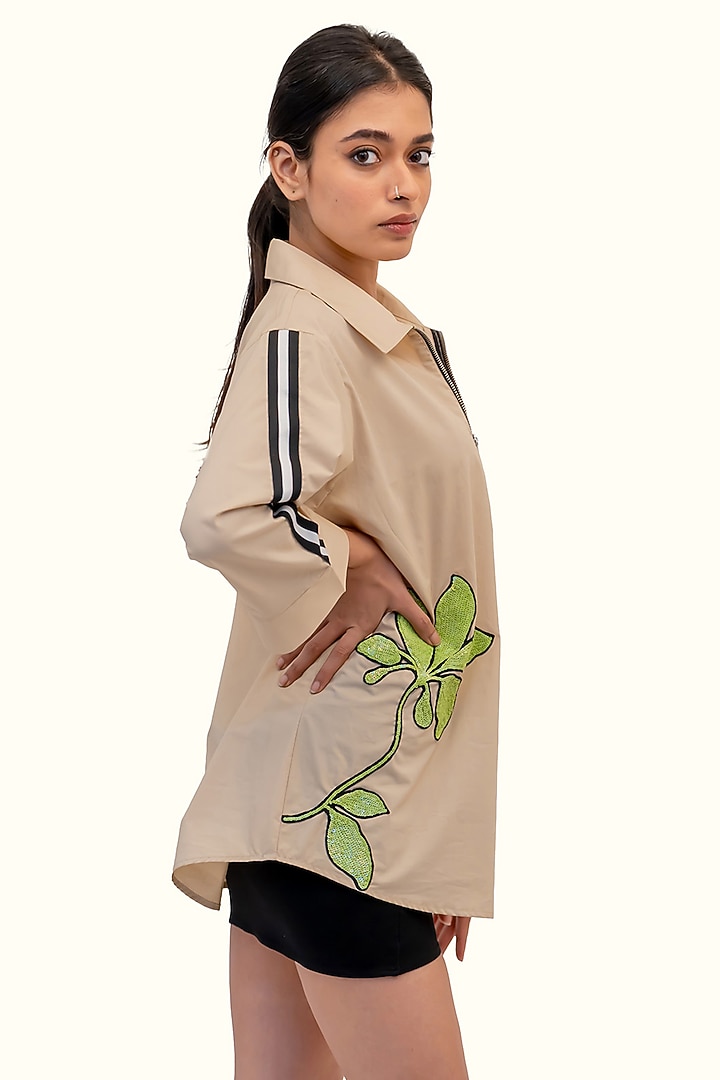 Beige Cotton Sequin Embroidered Shirt by Richaa Goenka at Pernia's Pop Up Shop