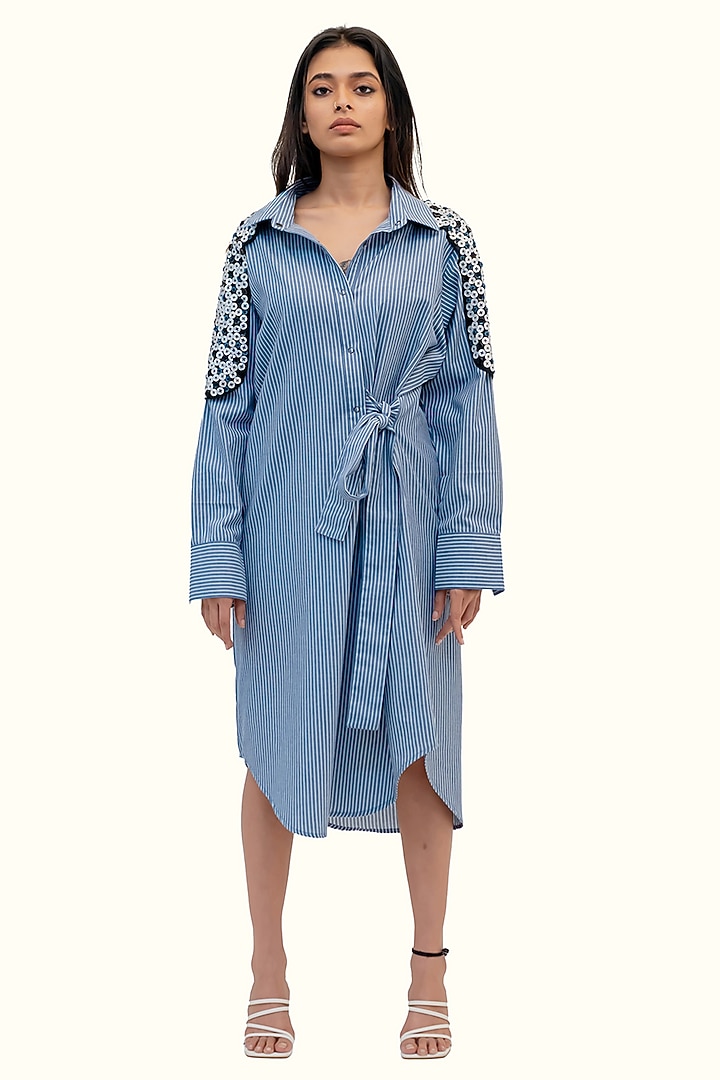 Blue & White Cotton Embroidered Striped Midi Summer Dress by Richaa Goenka at Pernia's Pop Up Shop