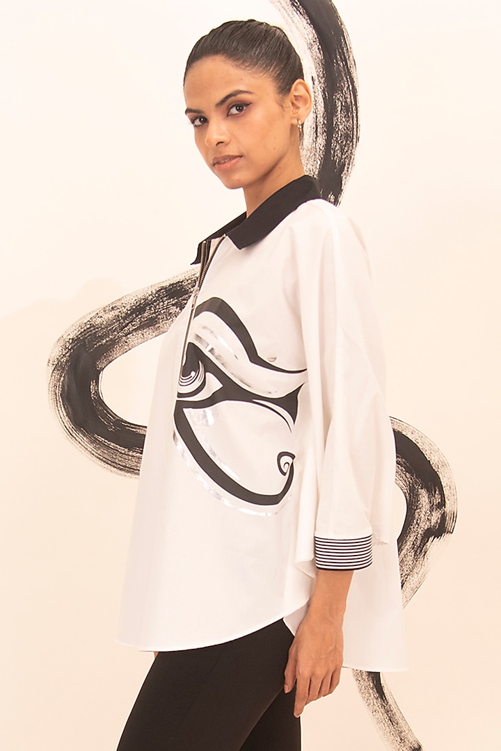 White Cotton Foil Printed Cape-Style Shirt by Richaa Goenka at Pernia's Pop Up Shop