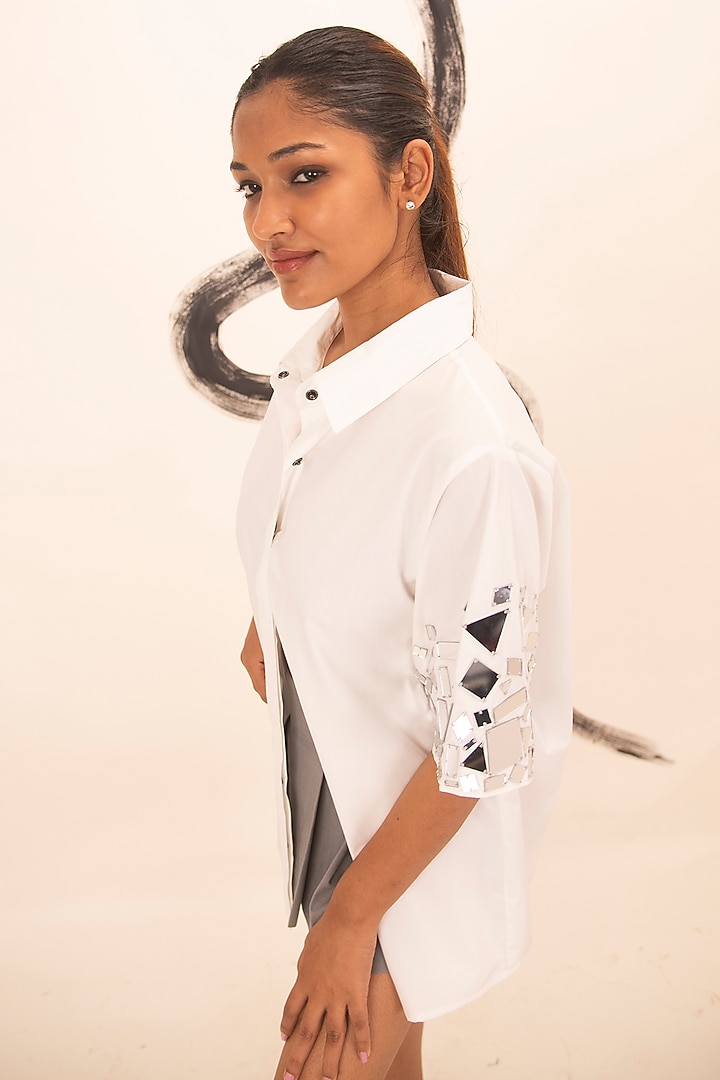 White Cotton Mirror Embroidered Shirt by Richaa Goenka at Pernia's Pop Up Shop