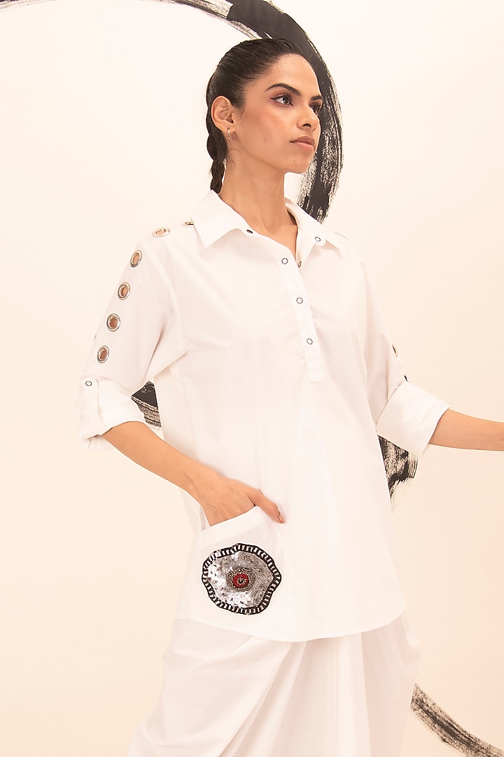 White Cotton Abstract Embroidered Shirt by Richaa Goenka at Pernia's Pop Up Shop