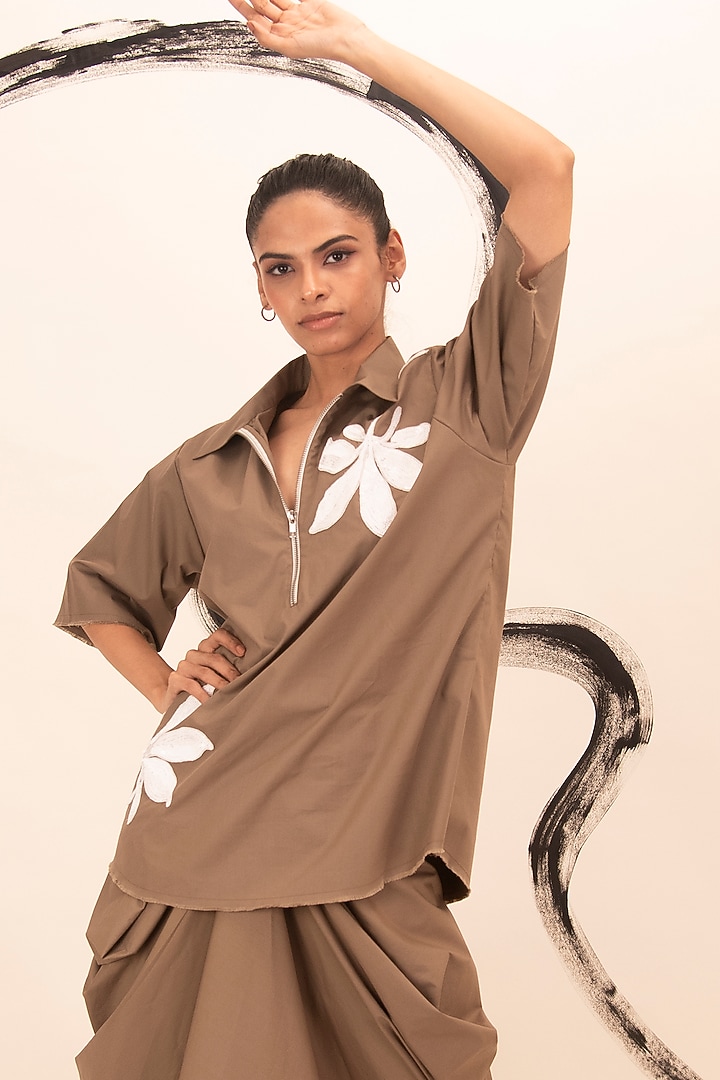 Brown Cotton Sequin Embroidered Shirt by Richaa Goenka at Pernia's Pop Up Shop