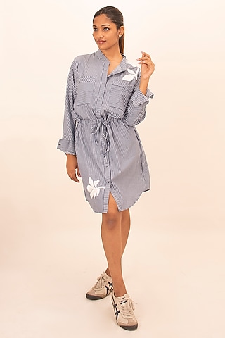 Blue & White Cotton Sequin Embroidered Striped Dress by Richaa Goenka