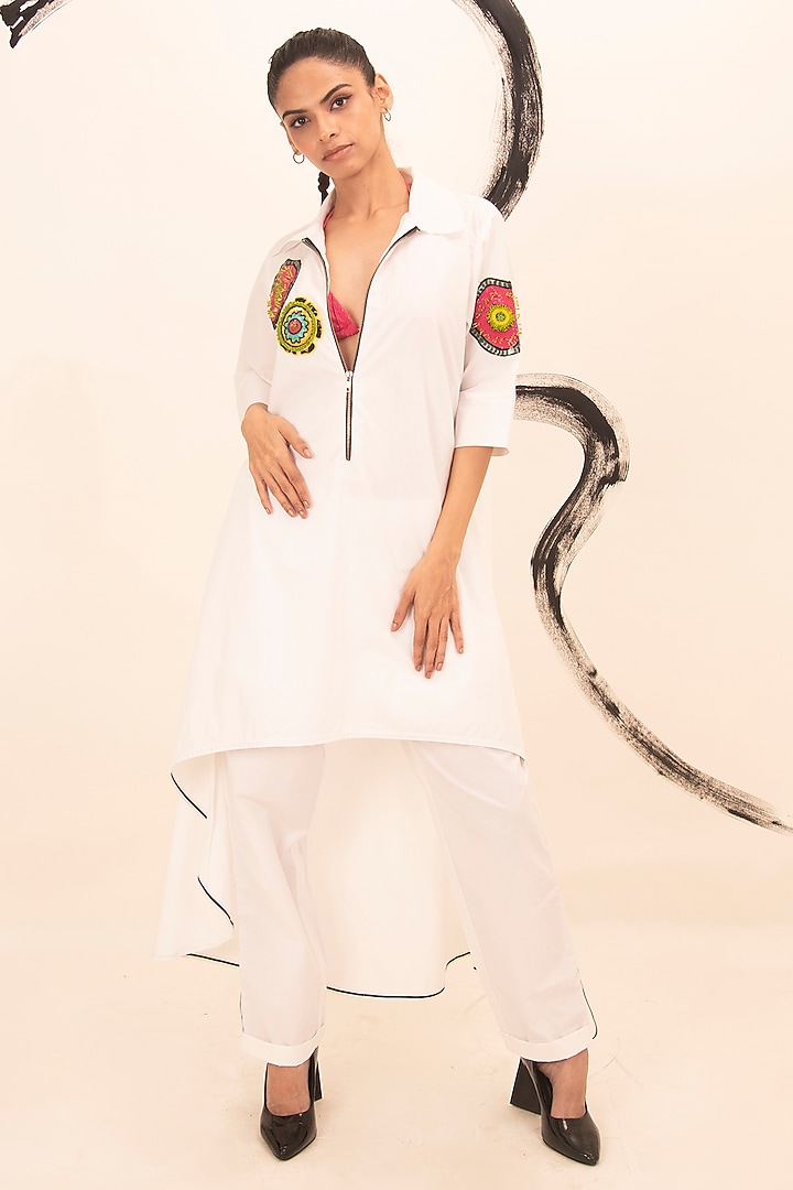 White Cotton Motif Embroidered High-Low Tunic Set by Richaa Goenka at Pernia's Pop Up Shop