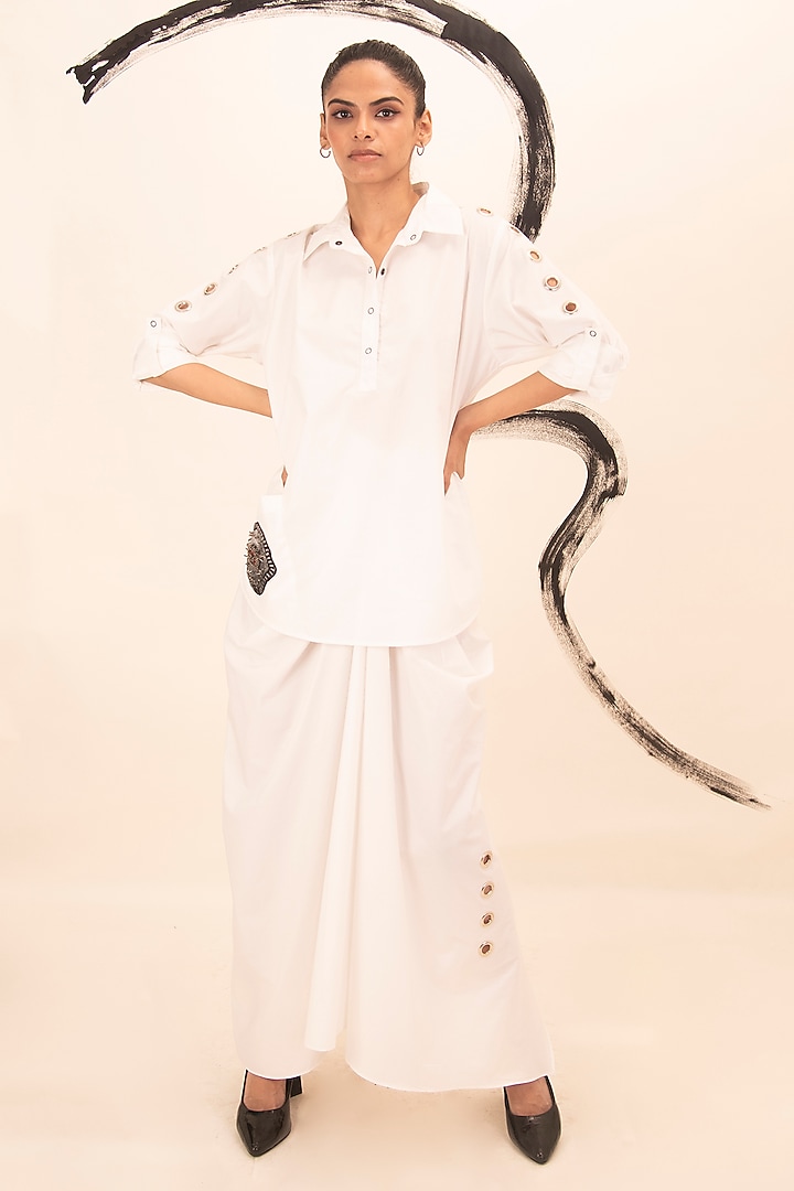 White Cotton Draped Skirt Set by Richaa Goenka at Pernia's Pop Up Shop