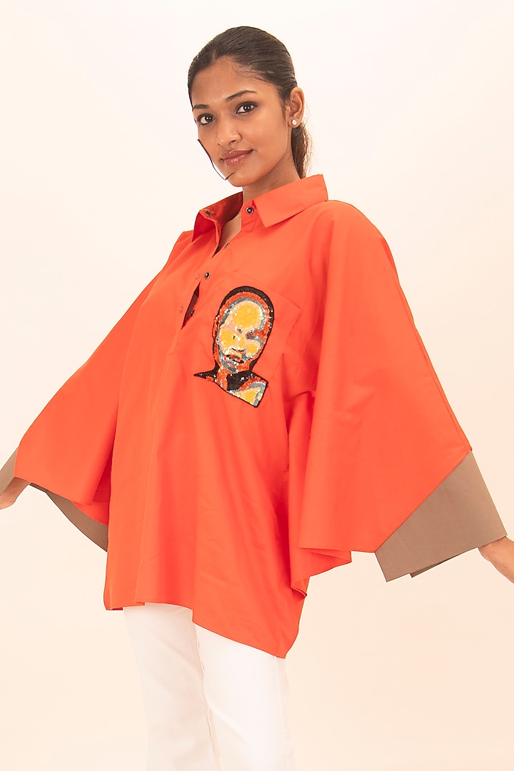 Dark Orange Cotton Sequin Embroidered Poncho Shirt by Richaa Goenka at Pernia's Pop Up Shop