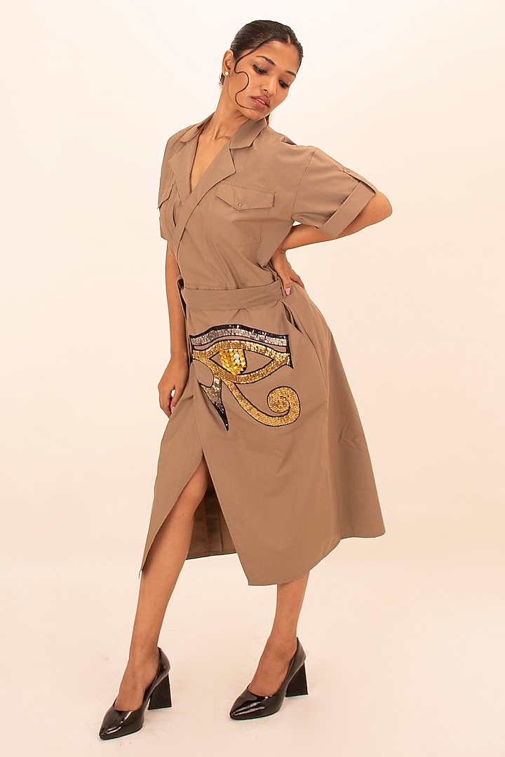 Brown Cotton Embroidered Midi Summer Dress by Richaa Goenka at Pernia's Pop Up Shop