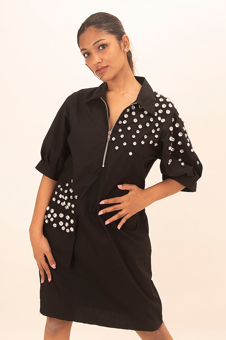 Black Cotton Crystal Work Summer Dress by Richaa Goenka at Pernia's Pop Up Shop