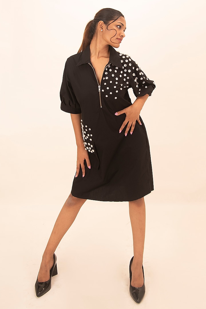 Black Cotton Crystal Work Summer Dress by Richaa Goenka at Pernia's Pop Up Shop