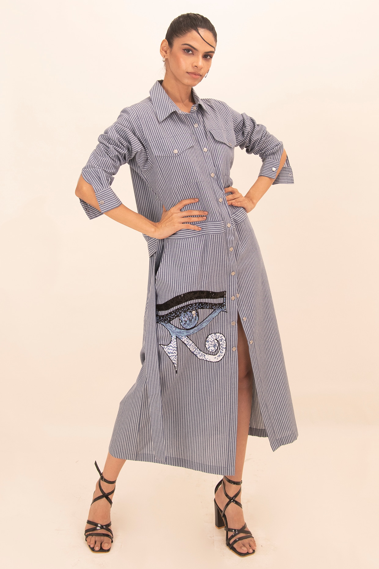 Richaa Goenka Blue & White Cotton Sequin Embroidered Maxi Dress