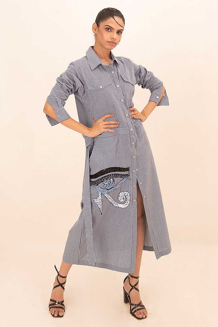 Blue & White Cotton Sequin Embroidered Maxi Summer Dress by Richaa Goenka at Pernia's Pop Up Shop