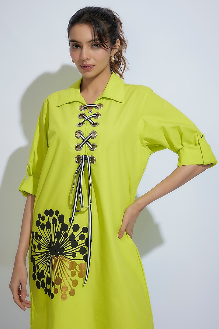 Neon Green Cotton Poplin Foil Printed Dress by Richaa Goenka at Pernia ...