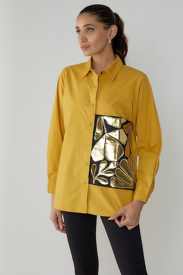 Mustard Cotton Poplin Applique Embroidered Shirt by Richaa Goenka at Pernia's Pop Up Shop