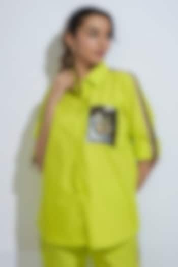 Neon Green Cotton Poplin Sequins Embroidered Shirt by Richaa Goenka at Pernia's Pop Up Shop