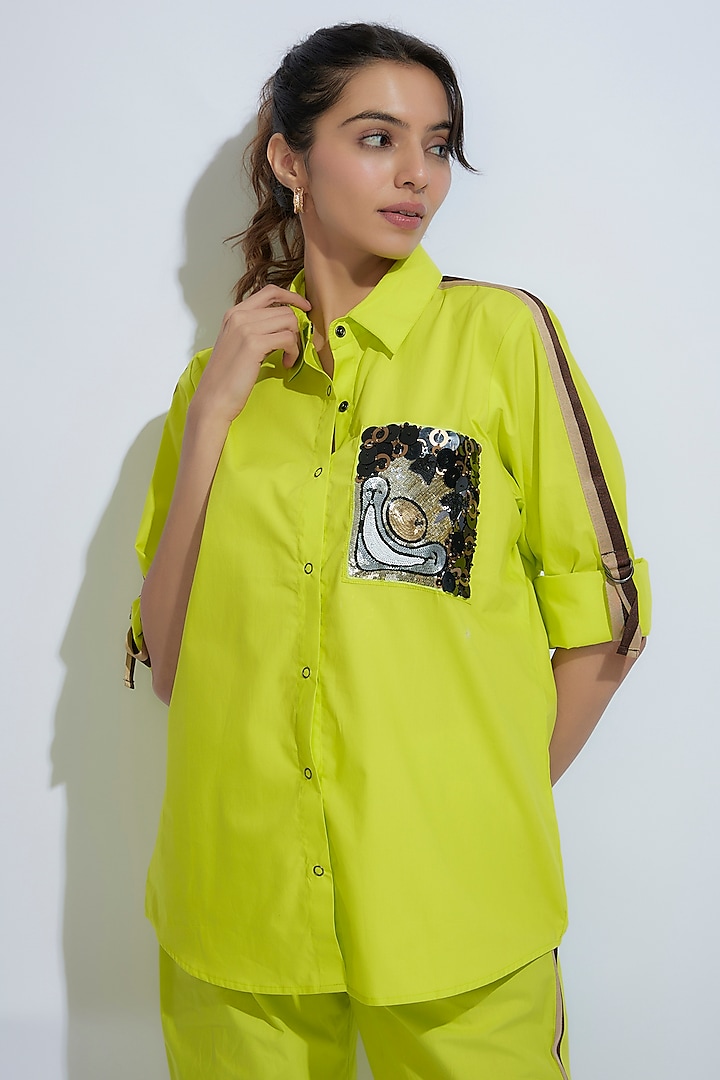 Neon Green Cotton Poplin Sequins Embroidered Shirt by Richaa Goenka at Pernia's Pop Up Shop