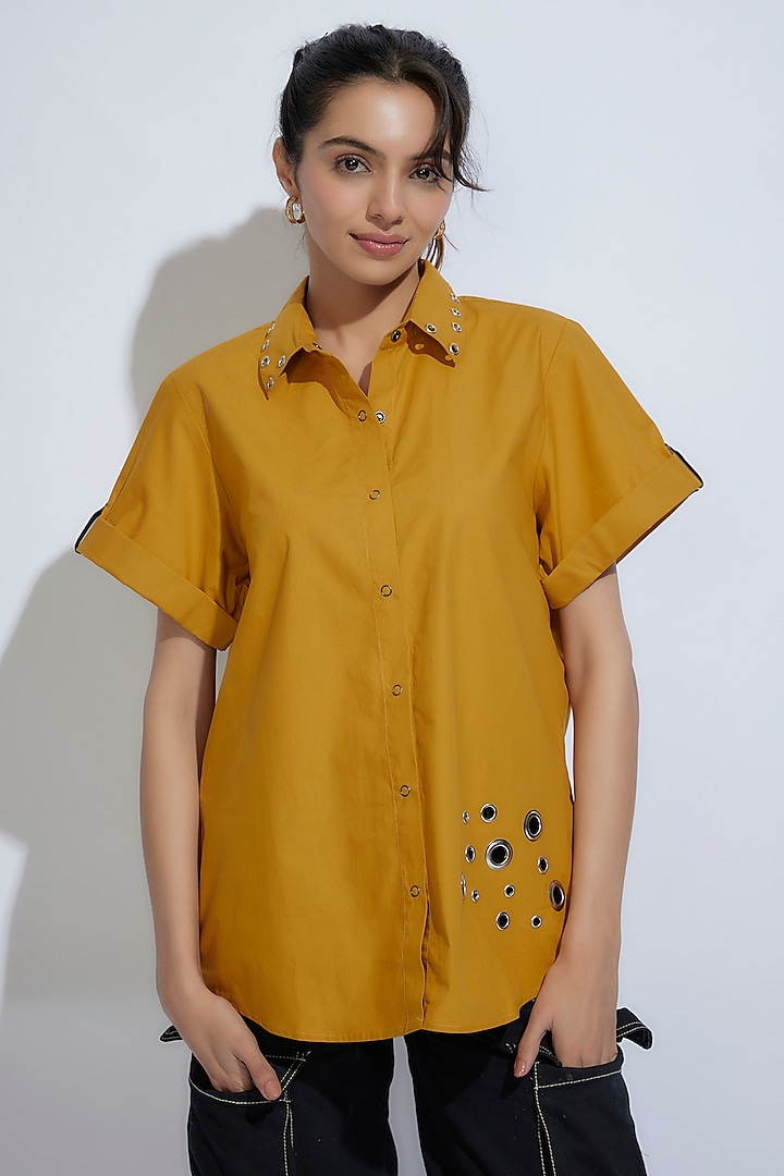 Mustard Cotton Poplin Anchor Embroidered Shirt by Richaa Goenka