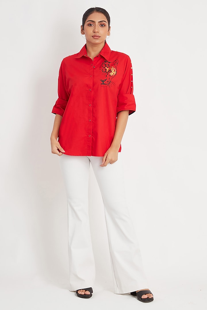 Red Cotton Foil Printed Shirt by Richaa Goenka at Pernia's Pop Up Shop