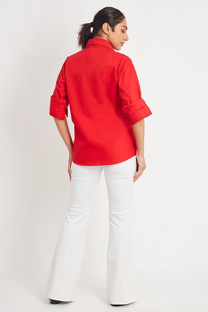 Red Cotton Foil Printed Shirt by Richaa Goenka at Pernia's Pop Up Shop