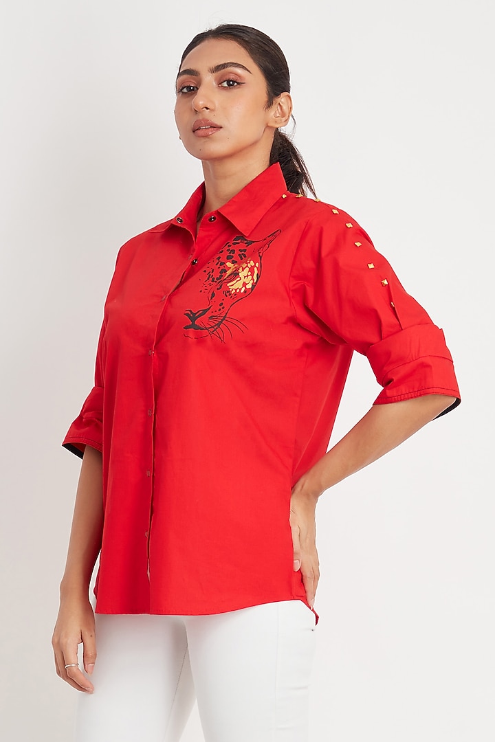 Red Cotton Foil Printed Shirt by Richaa Goenka at Pernia's Pop Up Shop
