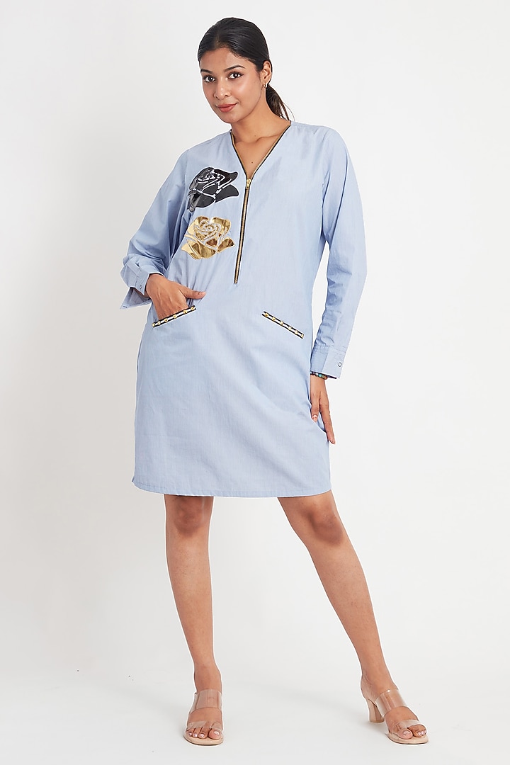 Light Blue Cotton Floral Striped Summer Dress by Richaa Goenka at Pernia's Pop Up Shop