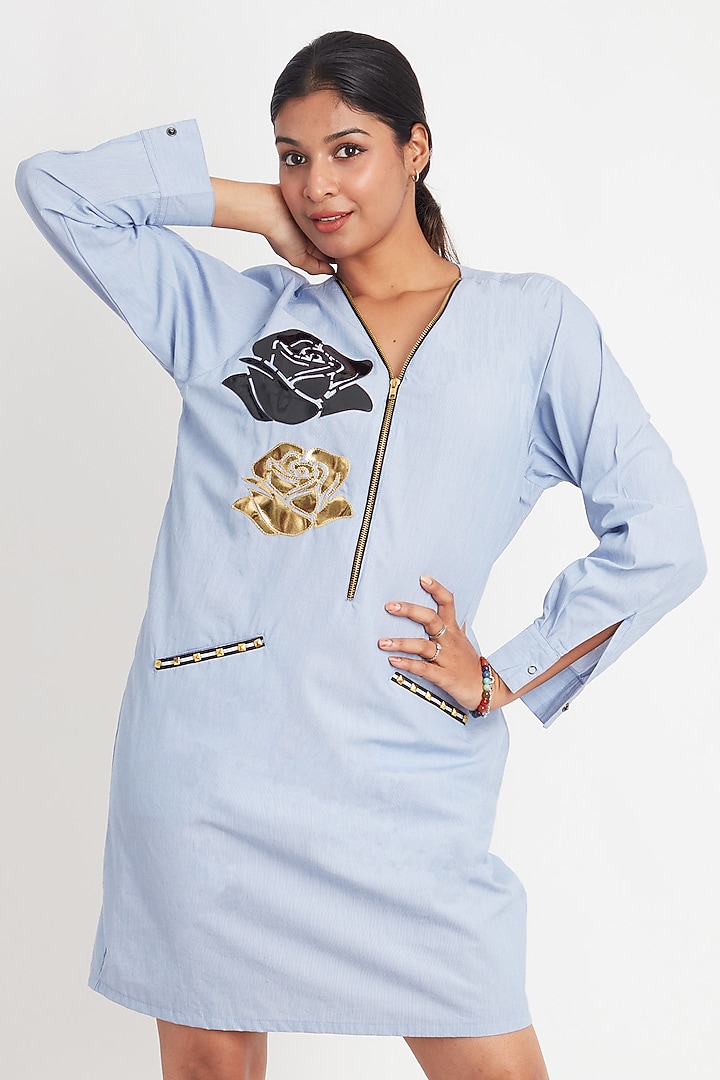 Light Blue Cotton Floral Striped Summer Dress by Richaa Goenka at Pernia's Pop Up Shop