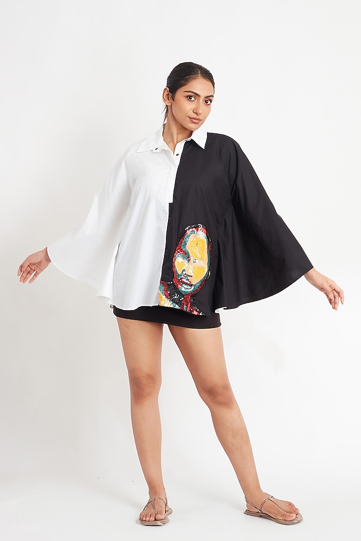 Black & White Cotton Embroidered Poncho Shirt by Richaa Goenka at Pernia's Pop Up Shop