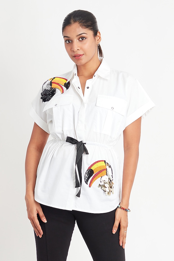 White Cotton Embroidered Shirt by Richaa Goenka at Pernia's Pop Up Shop