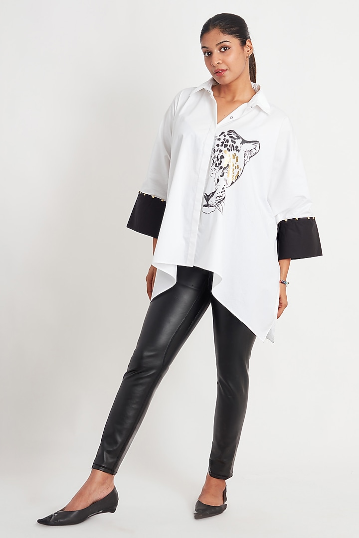 White Cotton Foil Printed Poncho Shirt by Richaa Goenka at Pernia's Pop Up Shop