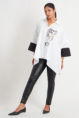 White Cotton Foil Printed Poncho Shirt by richaa goenka