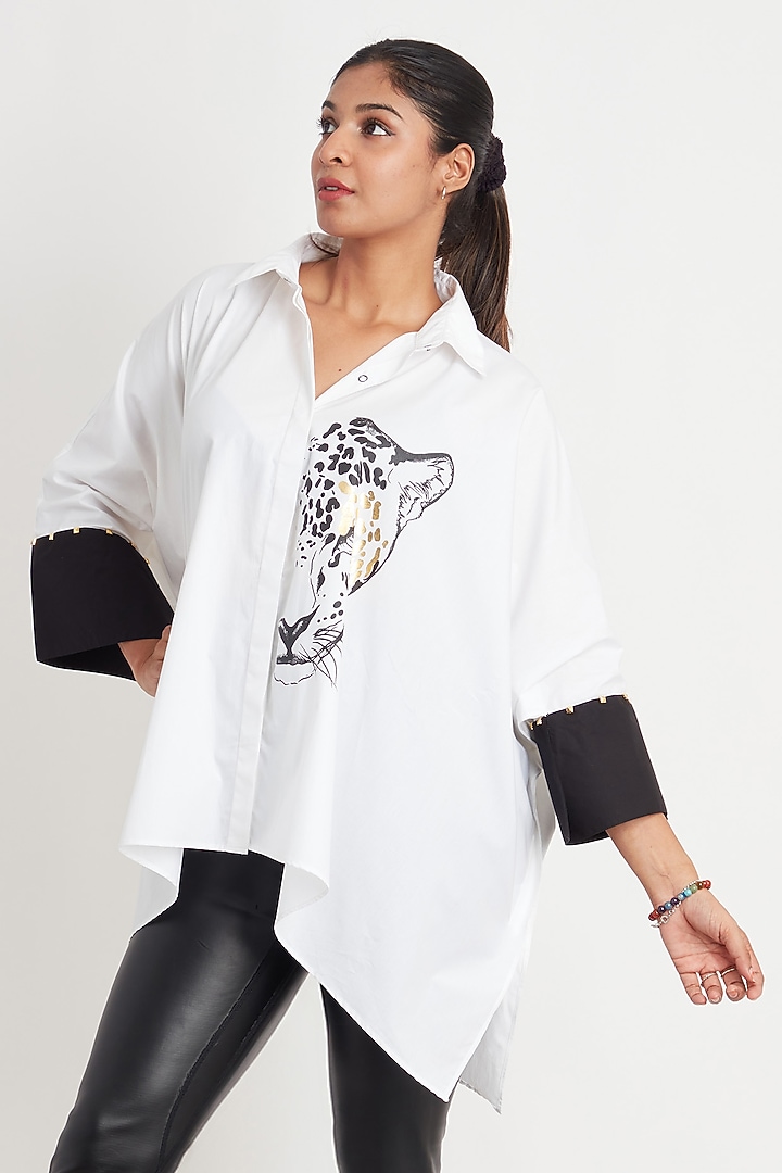 White Cotton Foil Printed Poncho Shirt by Richaa Goenka at Pernia's Pop Up Shop