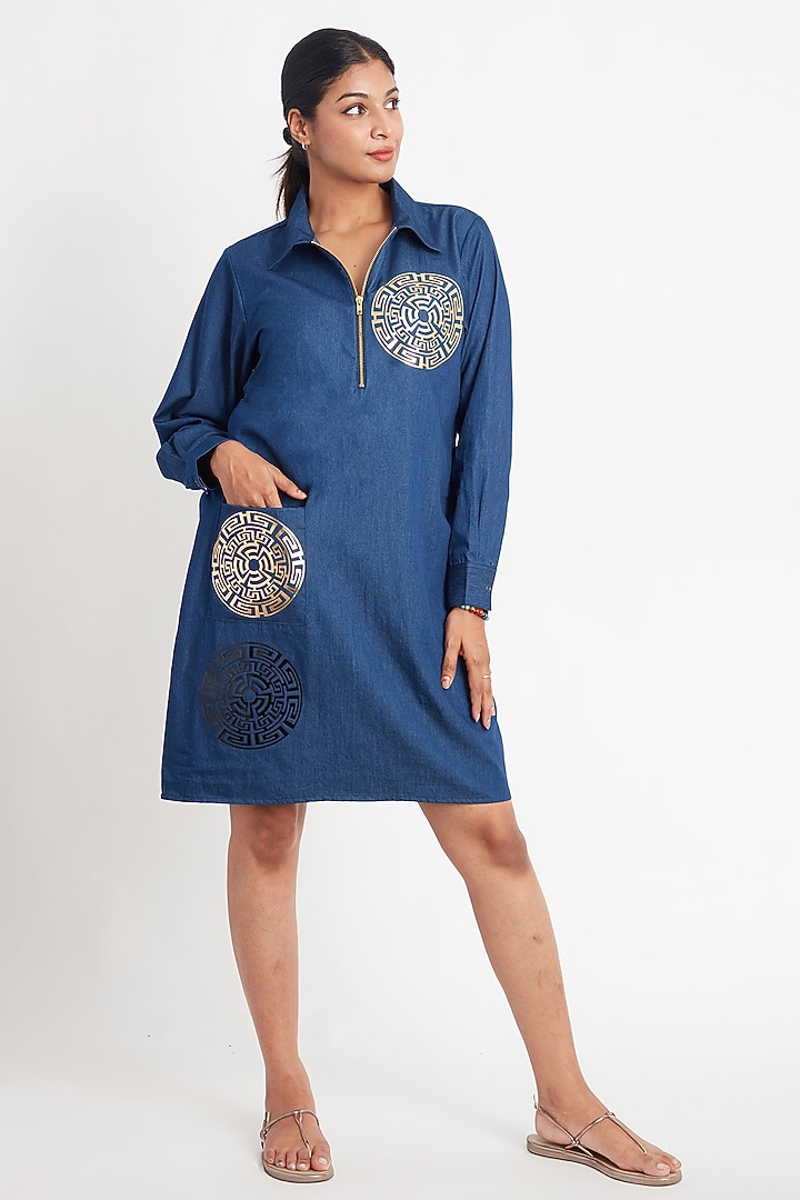 Blue Denim Applique Motif Summer Dress by Richaa Goenka at Pernia's Pop Up Shop