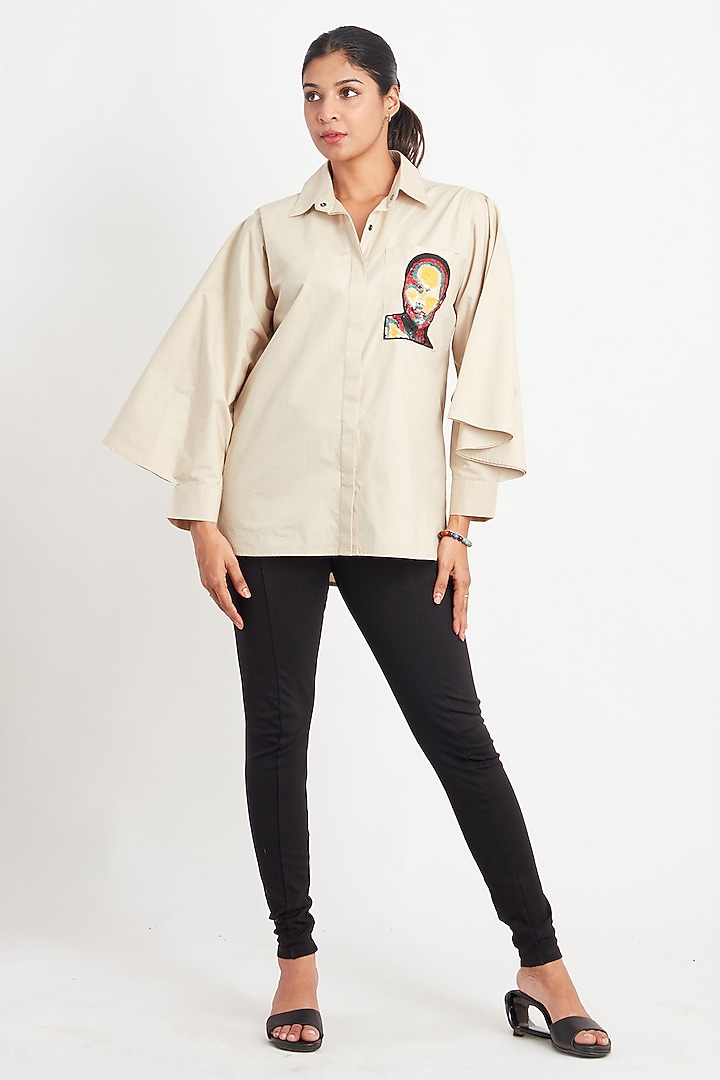 Beige Cotton Embroidered Shirt by Richaa Goenka at Pernia's Pop Up Shop