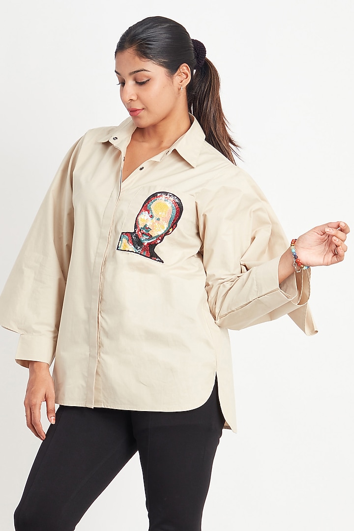 Beige Cotton Embroidered Shirt by Richaa Goenka at Pernia's Pop Up Shop
