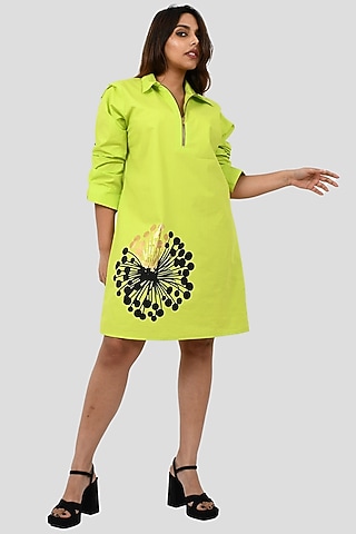 Neon Green Cotton Printed Dress by Richaa Goenka