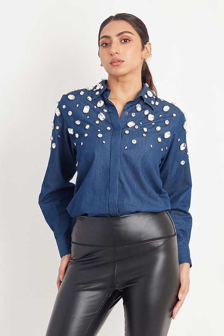 Blue Denim Embroidered Summer Dress by Richaa Goenka at Pernia's Pop Up Shop
