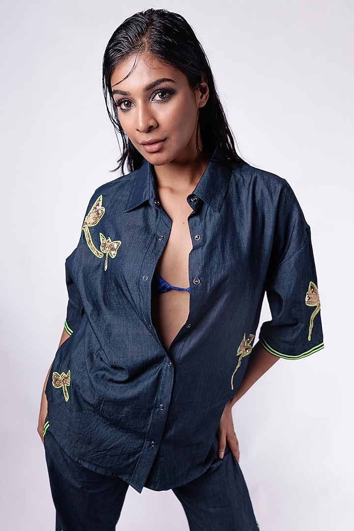 Blue Denim Embroidered Oversized Shirt by Richaa Goenka at Pernia's Pop Up Shop