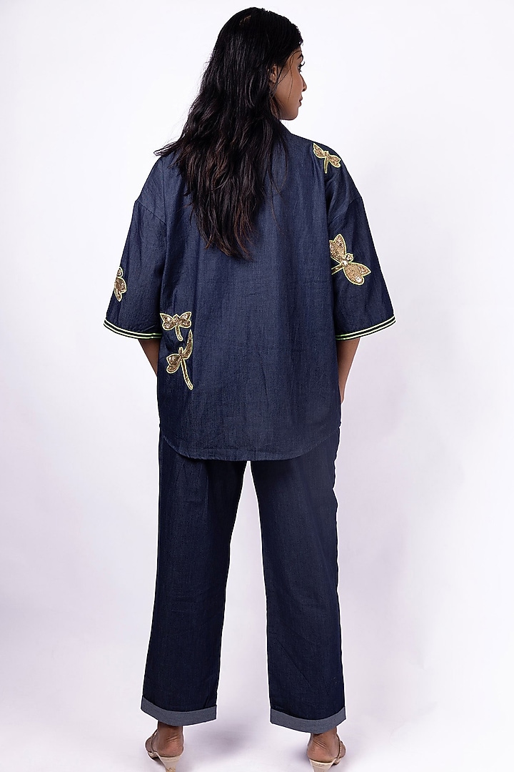 Blue Denim Embroidered Oversized Shirt by Richaa Goenka at Pernia's Pop Up Shop
