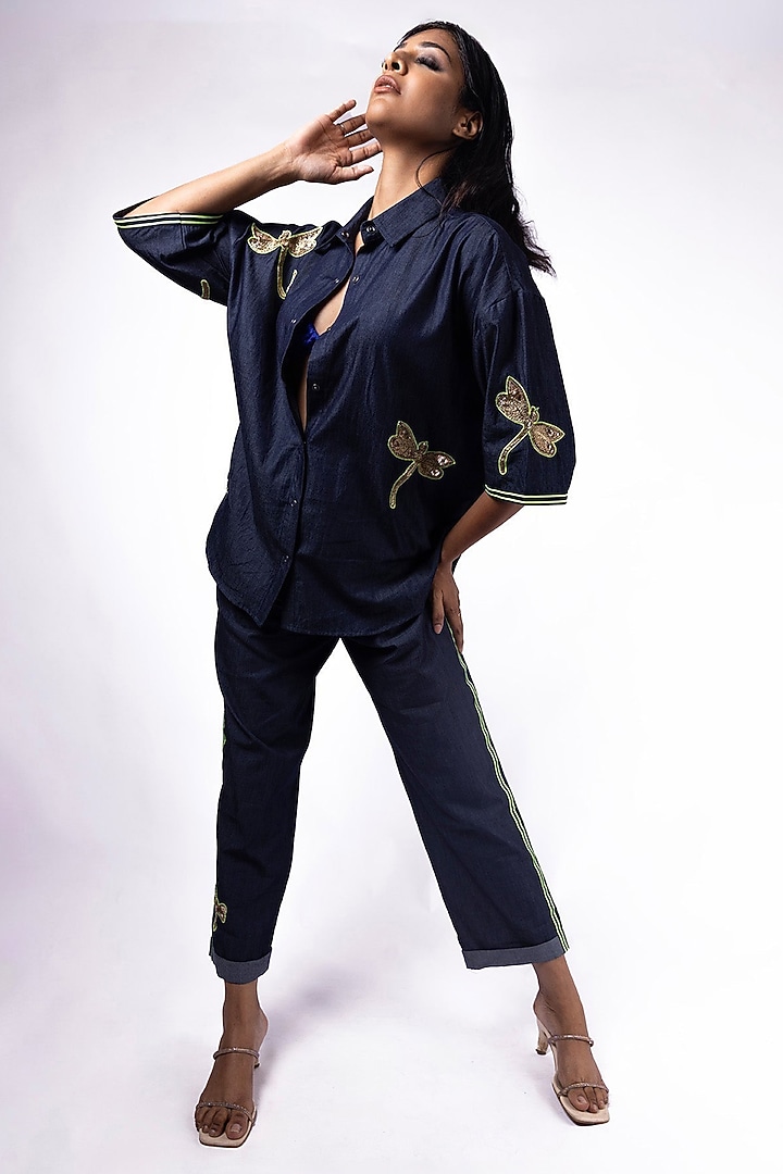 Blue Denim Embroidered Oversized Shirt by Richaa Goenka at Pernia's Pop Up Shop