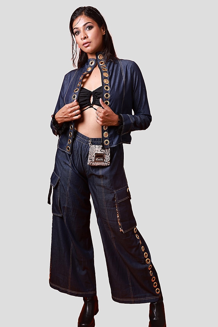 Blue Denim Cargo Pants Set by Richaa Goenka at Pernia's Pop Up Shop