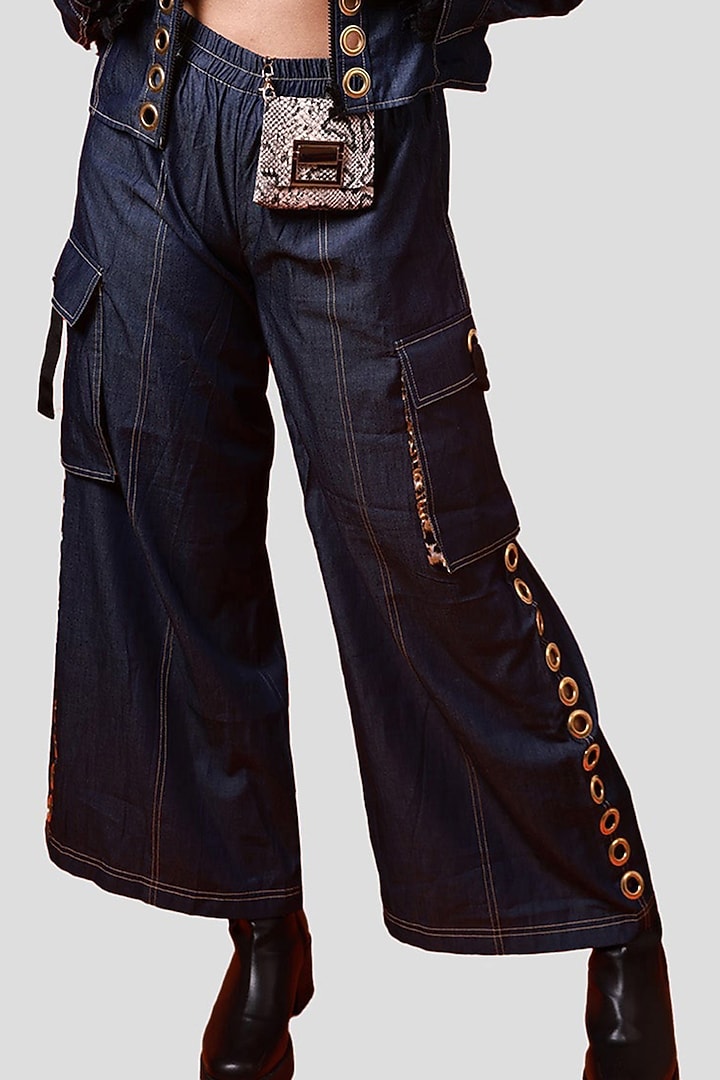 Blue Denim Cargo Pants Set by Richaa Goenka at Pernia's Pop Up Shop