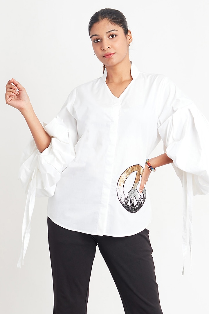 White Cotton Embroidered Shirt by Richaa Goenka at Pernia's Pop Up Shop
