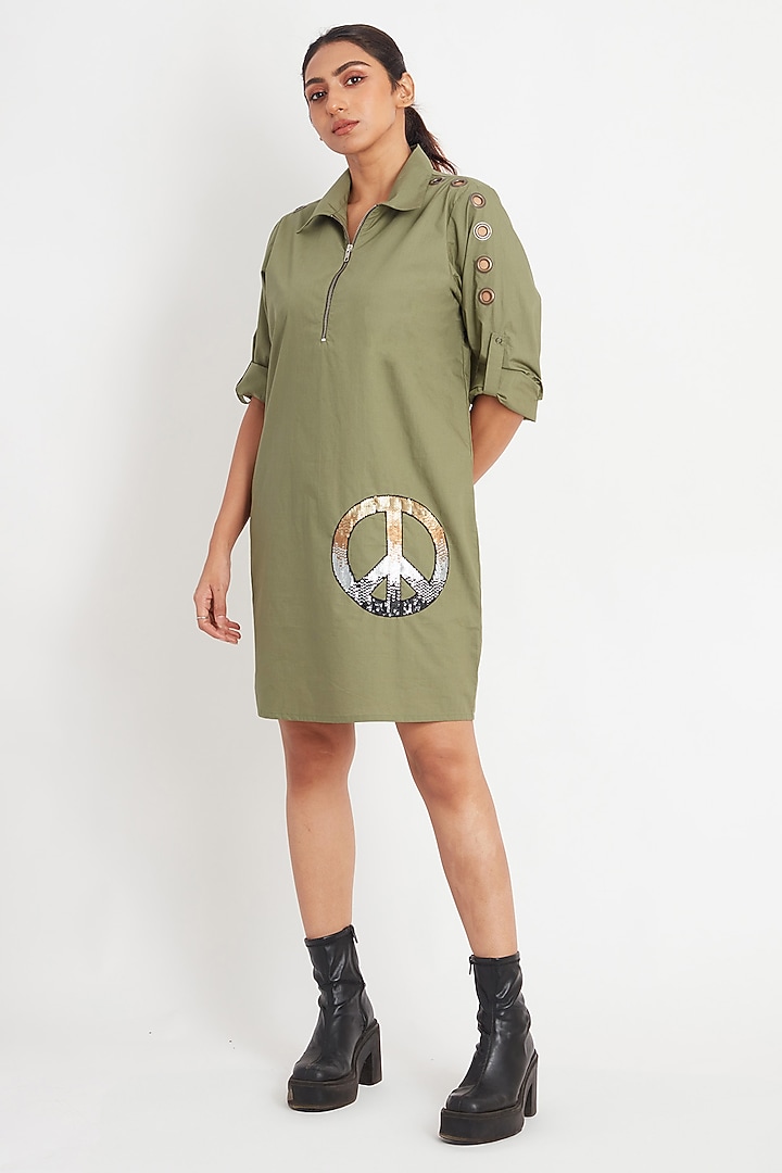 Olive Cotton Embroidered Summer Dress by Richaa Goenka at Pernia's Pop Up Shop