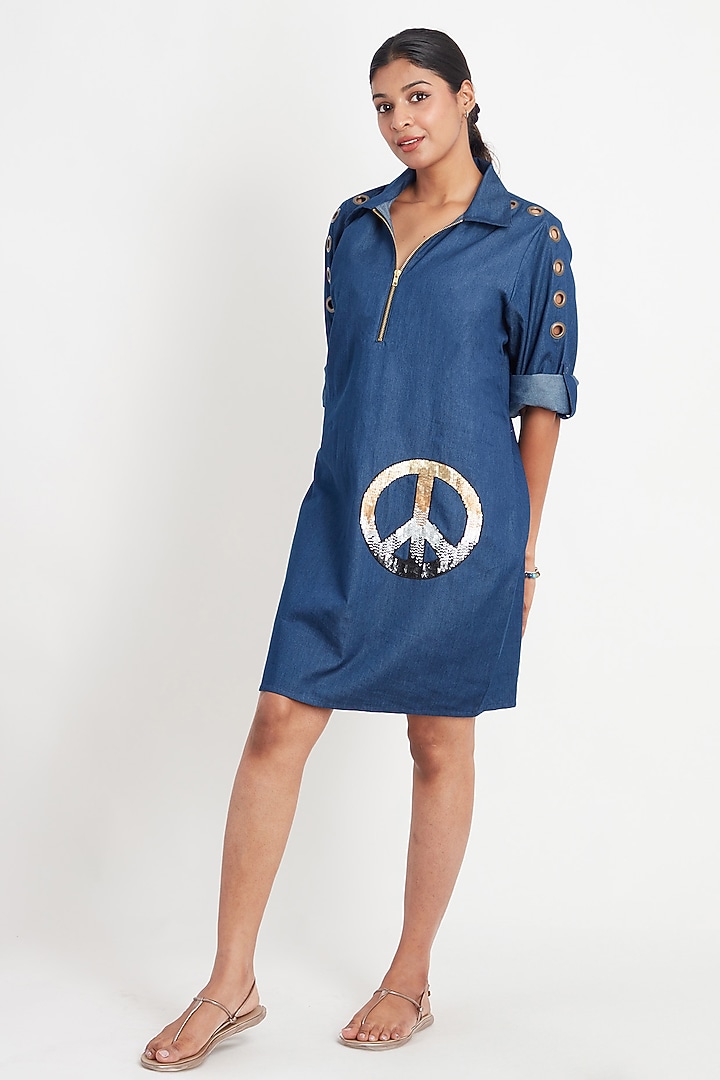 Blue Denim Embroidered Summer Dress by Richaa Goenka at Pernia's Pop Up Shop