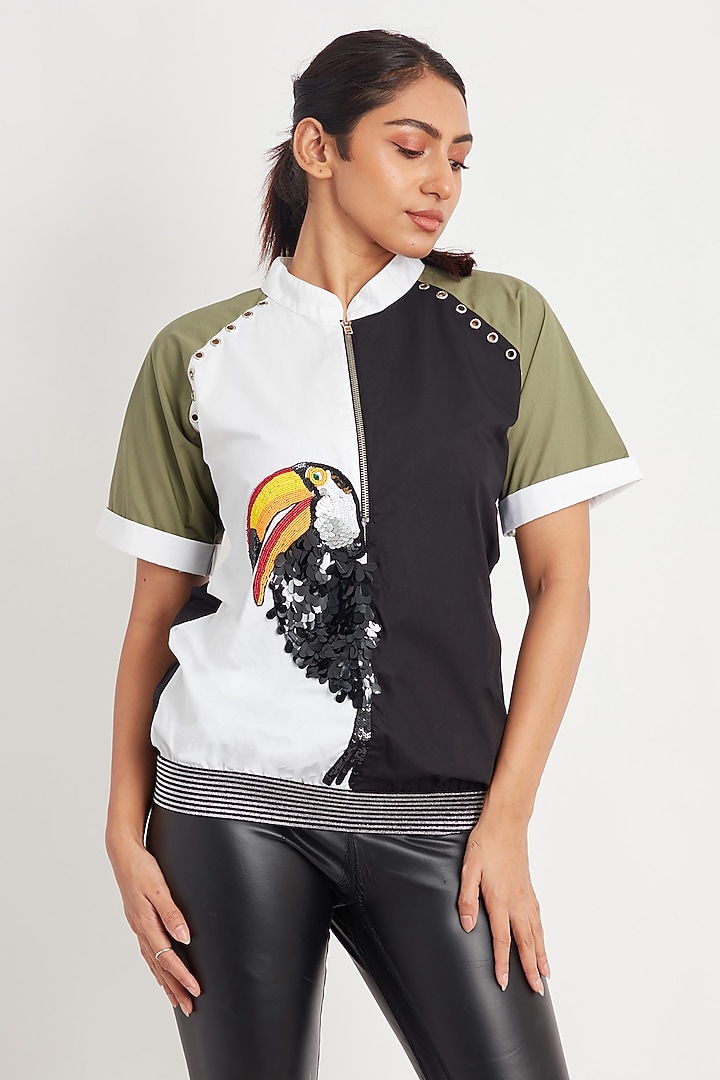 Multi-Colored Cotton Embroidered Bomber Top by Richaa Goenka at Pernia's Pop Up Shop