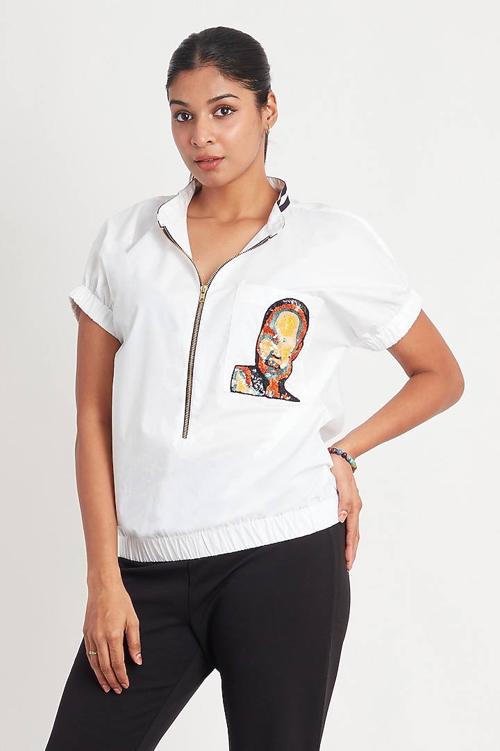 White Cotton Embroidered Bomber Top by Richaa Goenka at Pernia's Pop Up Shop