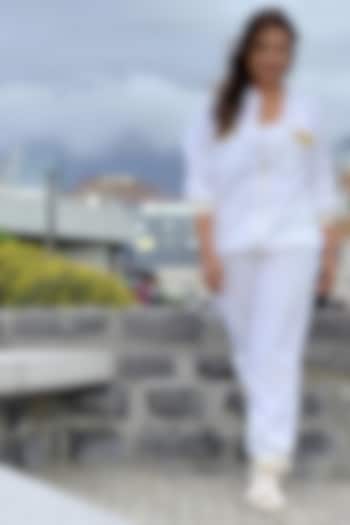 White Cotton Studwork Bomber Jacket by Richaa Goenka at Pernia's Pop Up Shop